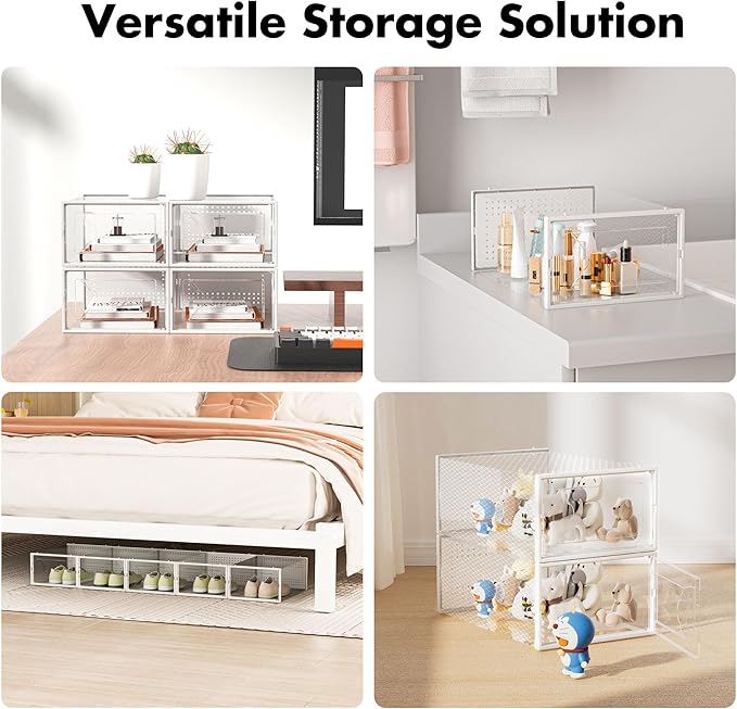 Shoe Storage Box, 15 Pack Clear Plastic Stackable Shoe Organizer for Closet, Interlocking Design Shoe Container Bins for Sneakers, Foldable Shoe Rack with Lids, White-NeatNest