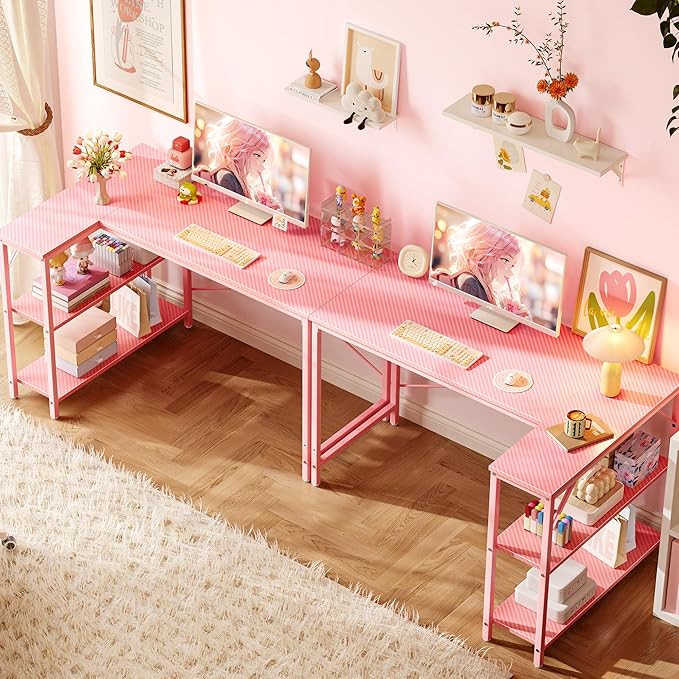 Huuger L Shaped Desk, 47 Inches Computer Desk with Reversible Storage Shelves, Gaming Desk, Corner Desk Home Office Desks, Writing Study Desk with Metal Frame, Pink-NeatNest