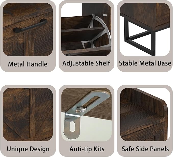 Hidden Shoe Storage Cabinets with 2 Flip Drawers and Metal Legs, Freestanding Narrow Shoe Organizer Rack for Entryway, Rustic Brown-NeatNest