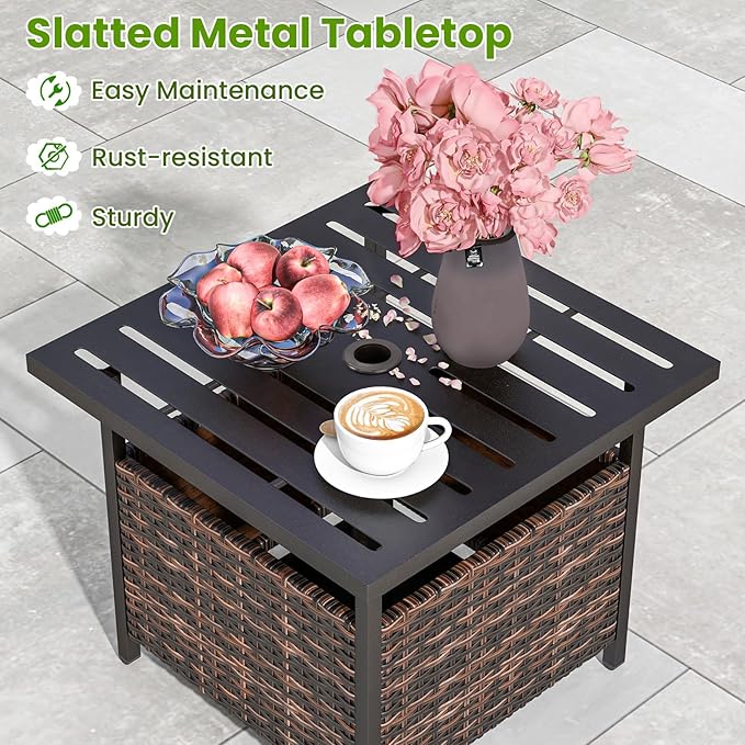 Patio Side Table with Umbrella Hole, 22" Rattan Wicker Umbrella Stand Table, Outdoor End Table for Patio, Garden, Poolside & Yard (Mix Brown)