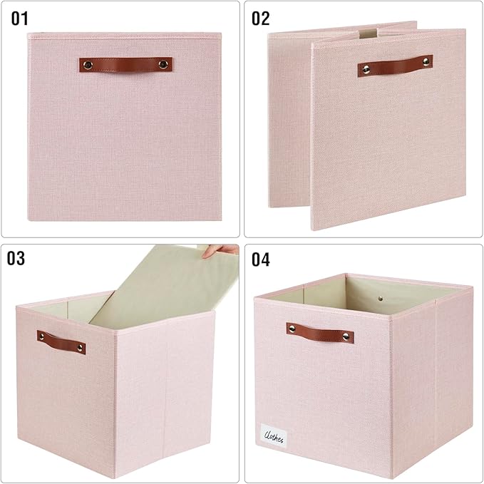 Collapsible Fabric Storage Cube Bins with 2 Reinforced PU Handles, Foldable Storage Organizer Baskets for Closet, Shelves, Living Room | 13"x13"x13", 4 Pack, Full Pink-NeatNest