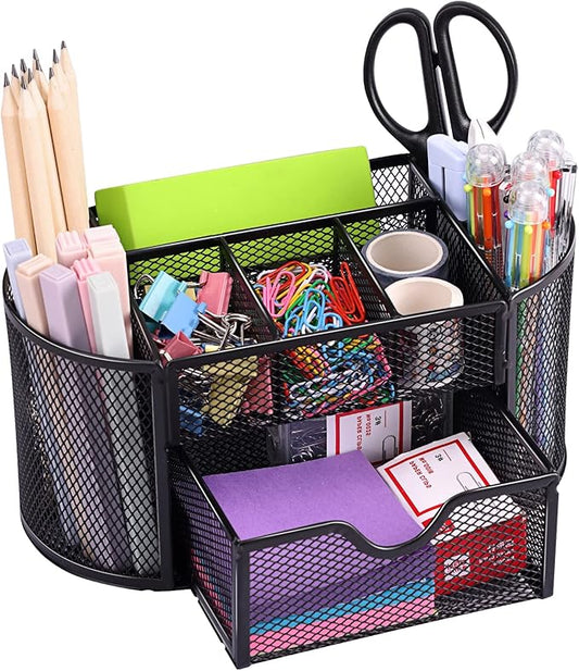 EOOUT Desk Organizer, Pencil Holder for Desk, Mesh Office Desk Accessories with 8 Compartments and 1 Drawer Stationery Holder School Supplies-NeatNest