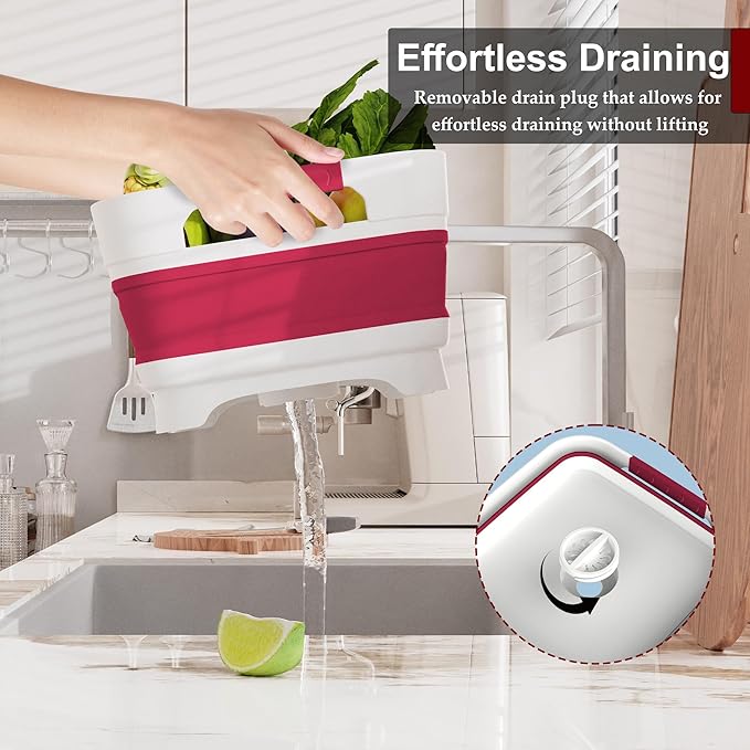 2.4 Gal Collapsbile Wash Basin with Drian Plug,9L Dish Pan for Soaking Baby Bottles,Portable Sink, Multiuse Foldable Bucket,Ice Beverage Tubs for Camping, Vegetable Washing, RV (Viva Magenta)-NeatNest