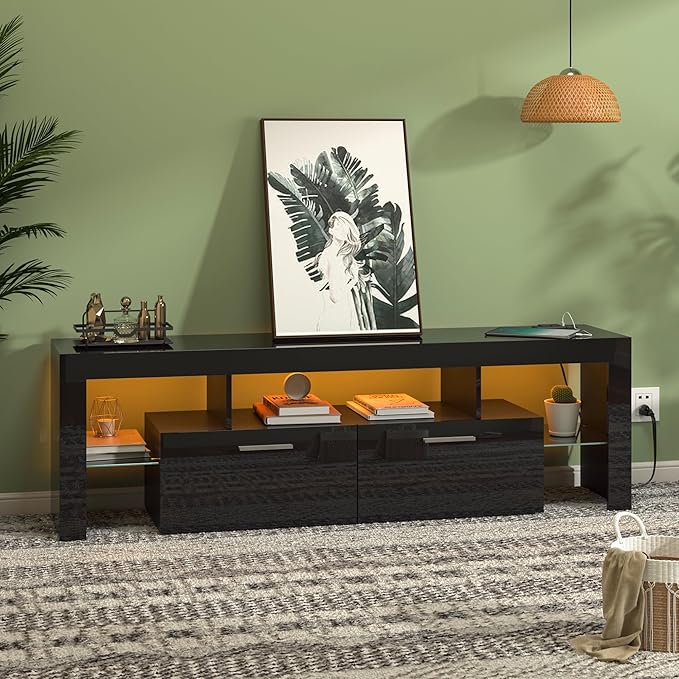 Clikuutory Modern LED Black 67 inch TV Stand with Power Outlet and Large Storage for 40 50 55 60 65 70 75 Inch TVs, Wood TV Console with High Glossy Entertainment Center for Living Room, Bedroom-NeatNest
