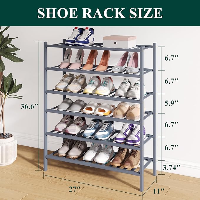 Smiry Bamboo Shoe Rack for Closet, 6 Tier Wooden Stackable Shoe Organizer, Free Standing Shoes Storage Shelf for Entryway, Front Door Entrance, Grey-NeatNest