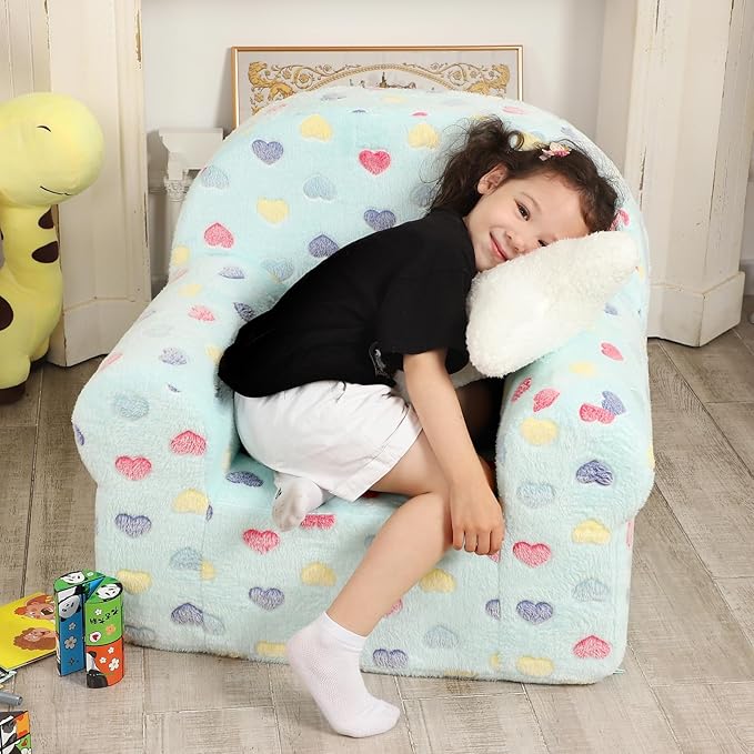 Colorful Heart Kids Sofa with Star Throw Pillow, High Back Toddler Chair Glow in The Dark for Boys and Girls, Lake Blue-NeatNest