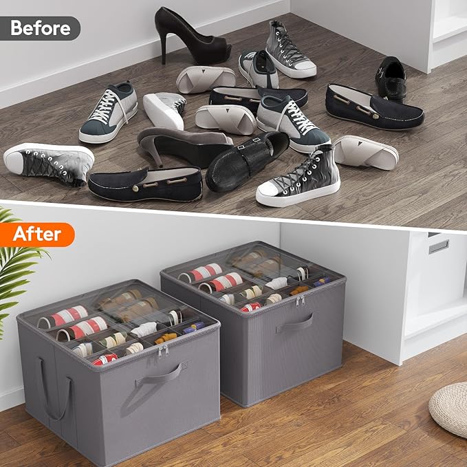 Lifewit Shoe Storage Organizer for Closet, Fits 12-16 Pairs, Large Shoe Box Storage Containers with Clear Cover and Reinforced Handles, Foldable Storage Bins Fit for Boots Heels Sneakers, 1 Pack Gray-NeatNest