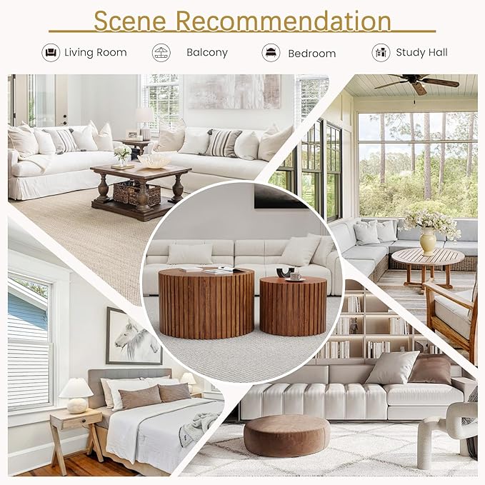 Round Coffee Table Set of 2 Modern Nesting Coffee Tables Wooden Drum Coffee Tables with Non-Slip Feet, Circle Nesting Tables End Table for Living Room Office, No Assembly (Brown 18.9"+14.96")