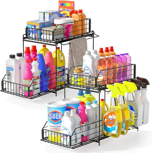 SUEH DESIGN Under Sink Organizers and Storage, 2 Tier Metal Under Sink Storage with Hanging Rail for Kitchen Bathroom Cabinet Organizer, 2 Pack-NeatNest