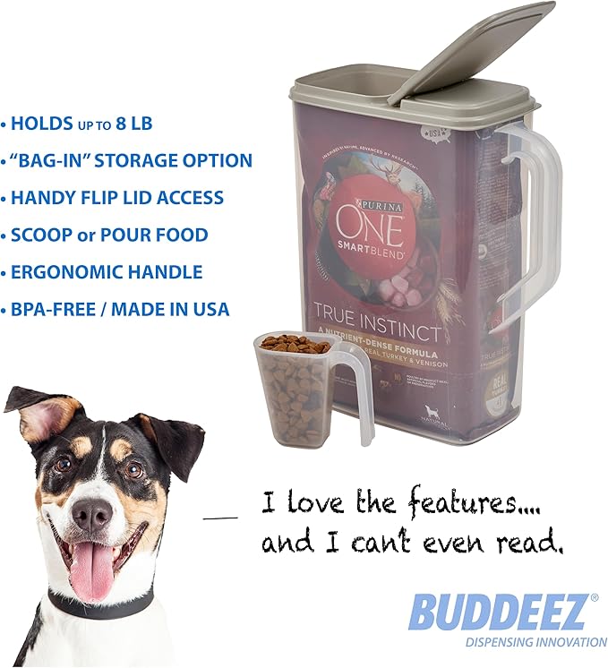 Buddeez Pet Food Storage Container - 8 Quart Capacity Dog / Cat Food & Bird Seed Container with Durable EZ Grip Handle, Flip Gray Lid (includes 1 Cup Clear Scoop)-NeatNest