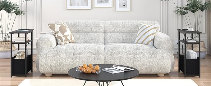 Narrow Side Table with Charging Station Set of 2, Small End Table for Small Spaces, Skinny Nightstands Set 2 with Storage Basket, 3 Tier Sofa Bedside Tables for Living Room,Bedroom, Black