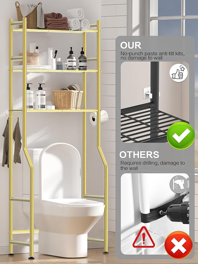 3 Tier Over The Toilet Storage Rack with 2 Basket, Metal Freestanding Bathroom Shelves Toilet with Paper Holder and 4 Hooks, Over Toilet Storage Shelf for Bathroom Storage, Glod-NeatNest