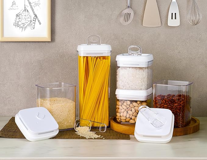 Felli Flip Tite Food Storage Container 5" LARGE 5pk Set + No Residue Label, Airtight Lid Easy Lock Top Stackable, Plastic Canister Jar for Pantry Kitchen Fridge Organizer Pasta Protein Powder Spice-NeatNest