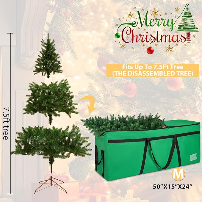 7.5 ft Christmas Tree Storage Bag, Heavy Duty Christmas Tree Bag with Reinforced Handles and Dual Zippers Wide Opening, Large Capacity fits for Artificial Christmas Tree (Green, 7.5 ft)-NeatNest