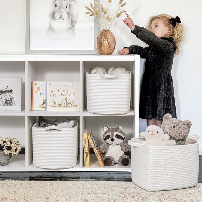 INDRESSME White Woven Storage Basket, Baby Gift Baskets for Nursery, Clothes Organizer for Shelves, Small Laundry Basket, Decorative Bin for Toys, Books, 13 x 10 x 9 inches