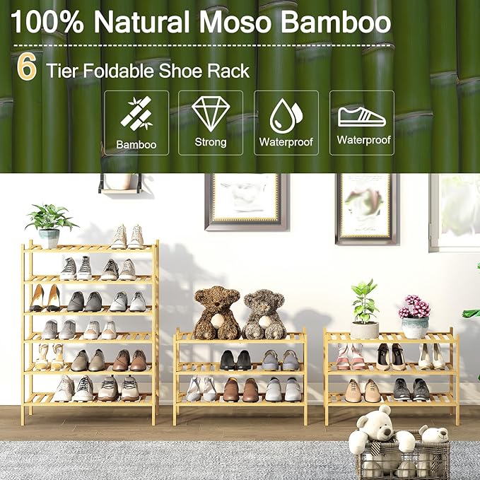 6-Tier Bamboo Shoe Rack for Entryway, Stackable | Heavy Duty | Multi-Function, Free Standing Shoe Racks for Bedroom Hallway Closet-NeatNest