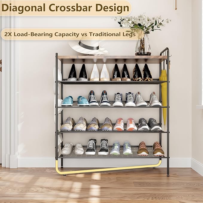 5 Tier Shoe Rack for Entryway, Metal Shoe Rack Organizer Holds 20 Pairs Shoes, Front Door Shoe Storage with Rustic Brown Wooden Top, Vertical shoe rack for Space Saving Shoe Organizer (5-Tiers)-NeatNest