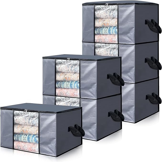 Cosy Family 6 Pack 90L Heavy Duty Extra Large Moving Bags with Reinforced Handle - Strong Handles & Zippers, Storage Totes For Space Saving, Fold Flat, Alternative to Moving Box, Grey-NeatNest