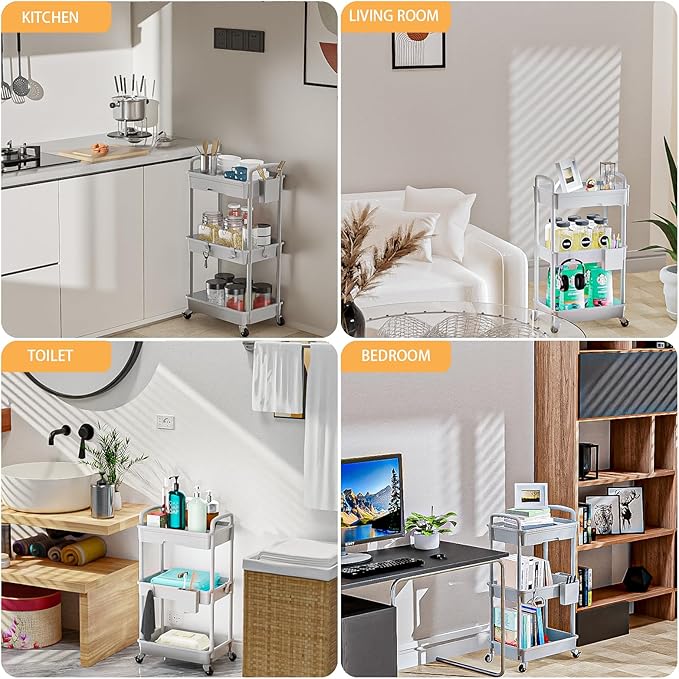 3 Tier Rolling Utility Cart with Drawer,REBECAT Utility Cart Made of Multifunctional Storage Organizer Tool for Kitchen,Bathroom,Living Room,Office(Gray)-NeatNest