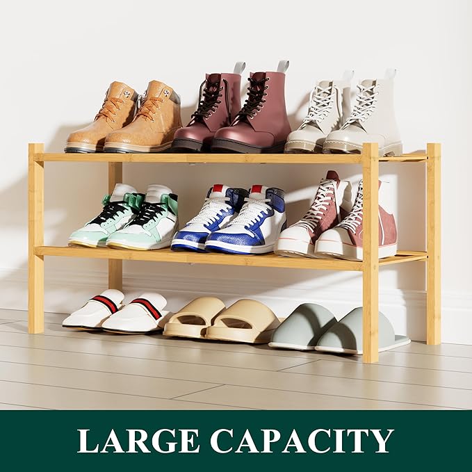 Smiry Shoe Rack, 2 Tier Bamboo Shoe Organizer, Stackable Free Standing Wooden Shoe Storage Shelf for Closet, Entryway, Front Door Entrance, Natural-NeatNest