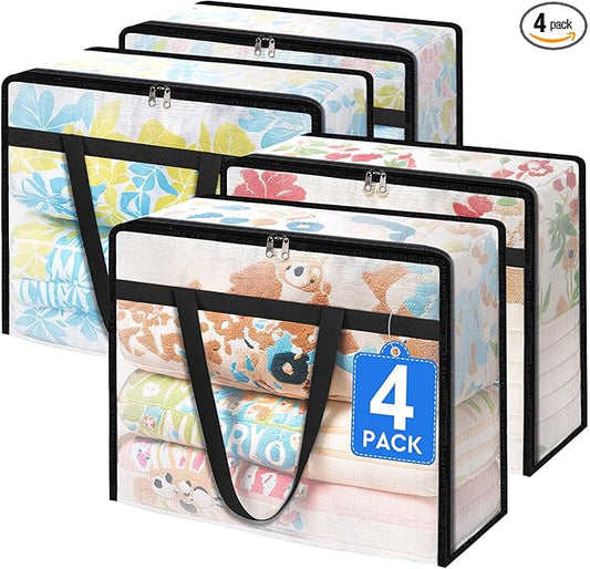 4 Pack Clear Storage Bags for Comforter, Clothes & Bedding, Plastic Blanket Storage with Zipper and Handle, Moving Bags, Closet Organizer and Under-Bed Storage (40L)-NeatNest
