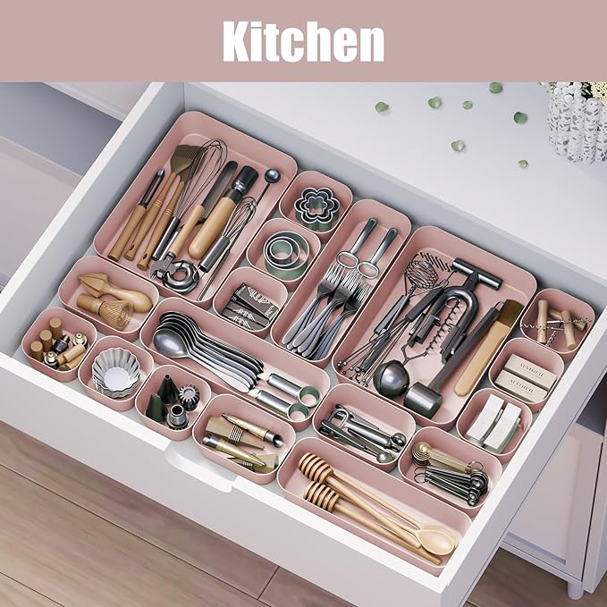 Plastic Drawer Organizers, 18 PCS Bathroom Drawer Organizer Bins, Desk and Vanity Organizer Plastic Tray, Makeup organizer and storage for Bedroom, Kitchen Gadgets Utensils and Office (Pink)-NeatNest