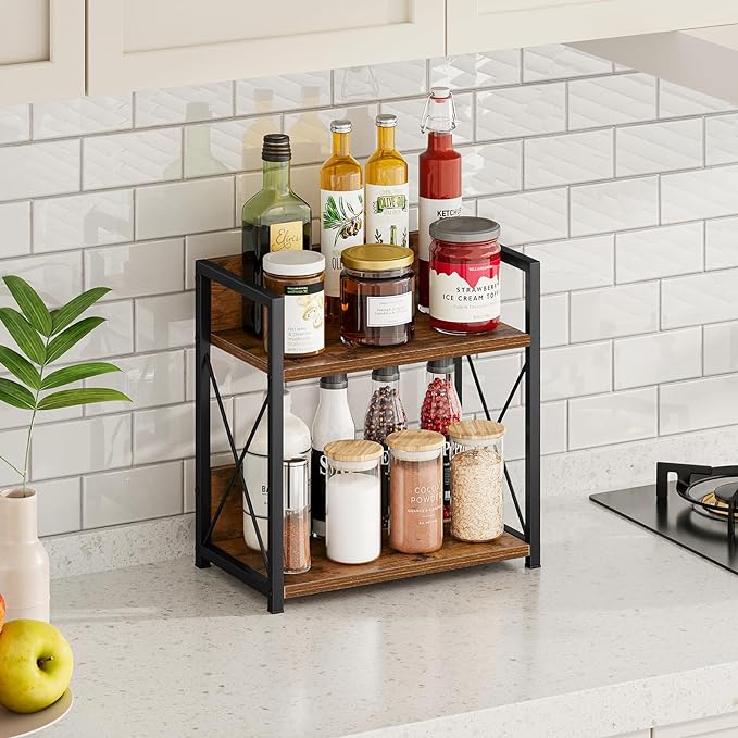 Giikin Kitchen Countertop Organizer, 2 Tier Spice Rack Organizer for Pantry, Kitchen Counter Shelf Wood Coffee Station Organizer (Brown, M)-NeatNest