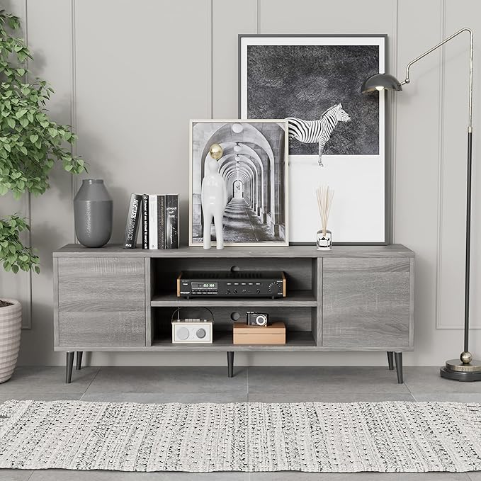 JUMMICO TV Stand for 65 Inch TV, Mid Century Modern TV Stand, Entertainment Center with Storage Cabinet and Open Shelves, TV Console Table Media Cabinet for Living Room, Bedroom and Office (Gray)-NeatNest
