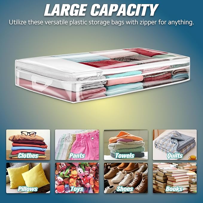 HIBAG 20 Gallon Under Bed Storage Containers, Underbed Clothing Storage Bins, Clear Plastic Organizer with Reinforced Handles, for Clothes Comforters Blankets Towels Pillows Bedding (2 Pack)-NeatNest