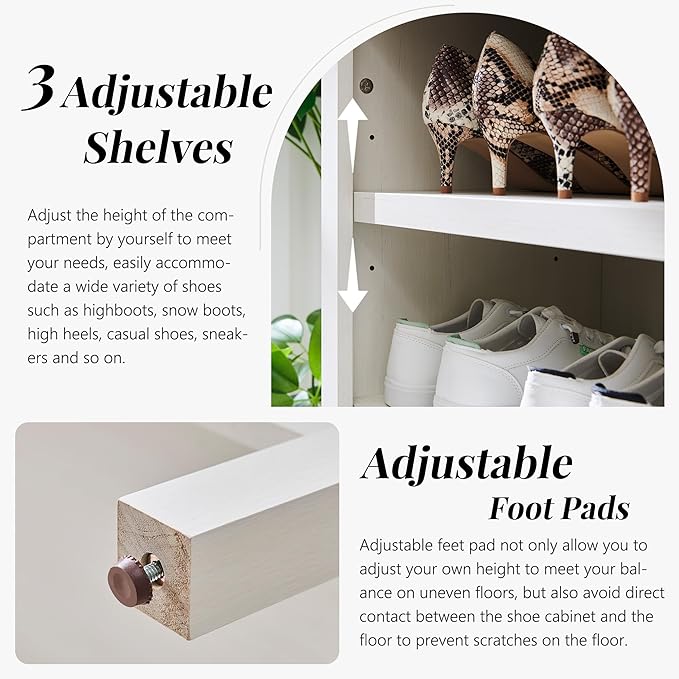 71" Tall Arched Shoe Storage Cabinet, 7 Tiers 28 Pairs Wooden Shoe Rack with 3 Adjustable Shelves, Freestanding Shoe Closet Shelf Organizer for Entryway, Hallway, Living Room (Antique White)-NeatNest