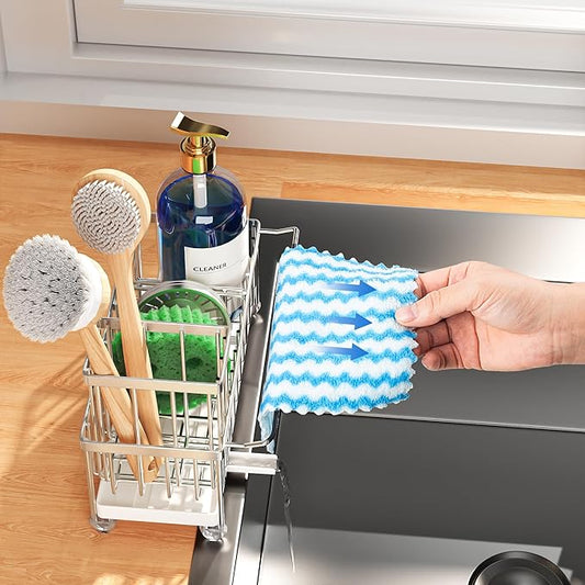Cisily Stainless Steel Sponge Holder for Kitchen Sink with Towel Rack, Sink Caddy with Kitchen High Brush Holder, Organzier Rustproof 304 Stainless Steel Dish Organizer Divider, Soap Dispenser Storage-NeatNest