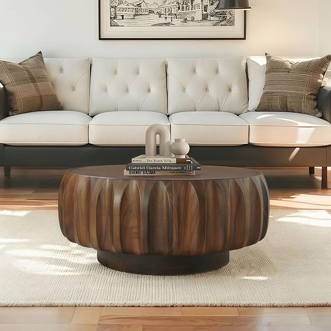 kevinplus 31.5'' Walnut Round Wood Coffee Table for Living Room, Modern Contemporary Circle Fluted Drum Pedestal Coffee Table, Natural Wood Grain & Easy Assembly, Walnut