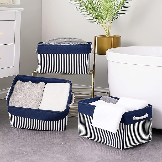 TcaFmac Storage Basket for Organizing - Large 4 Pack Foldable Storage Bins Baskets for Shelves with Ropes, Fabric Storage Cubes for Cloth Toy Gift Kids (Navy & White 16x12x8 inch)-NeatNest