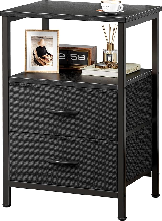 Huuger Night Stand with 2 Drawers, Bed Side Table with Open Shelf, Wooden Top, Nightstand for Bedroom, End Table for Small Space, Fabric Drawer, Black
