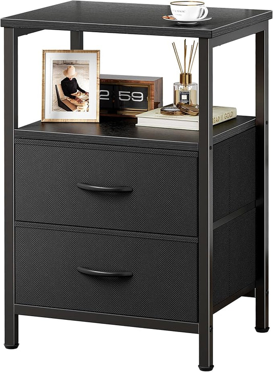 Huuger Night Stand with 2 Drawers, Bed Side Table with Open Shelf, Wooden Top, Nightstand for Bedroom, End Table for Small Space, Fabric Drawer, Black