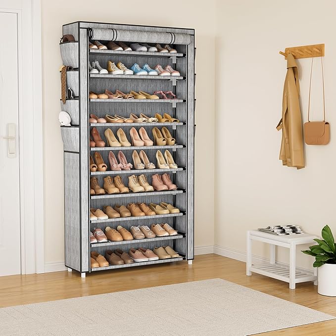 VTRIN Tall Shoe Rack with Cover, 10 Tier Shoe Organizer Storage for 50-55 Pairs Shoes and Boots Large Capacity Shoe Shelf with 8 Pockets Free Standing Shoe Rack for Closet, Entryway, Garage, Printing-NeatNest