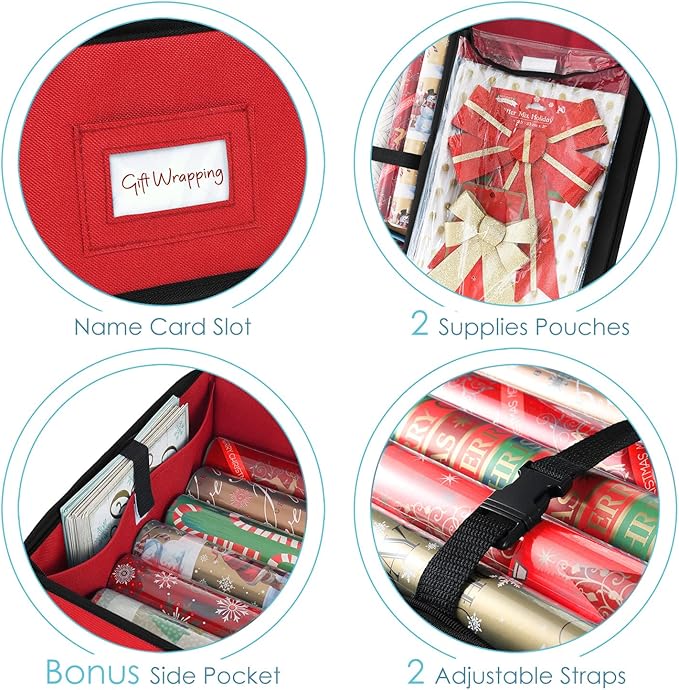 Hearth & Harbor Wrapping Paper Storage Container and Clear Wrap Paper Holder - Christmas Storage Bag with Interior Pockets - Fits Up to 36 Rolls of 40" - Tear Proof, Red-NeatNest