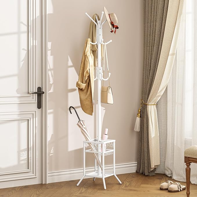 ELYKEN Coat Rack Freestanding with Umbrella Holder, Coat Tree with 12 Hooks, Coat Hanger Stand for Entryway, Metal Coat Rack Hat Rack Stand for Living Room Bedroom Office, White-NeatNest