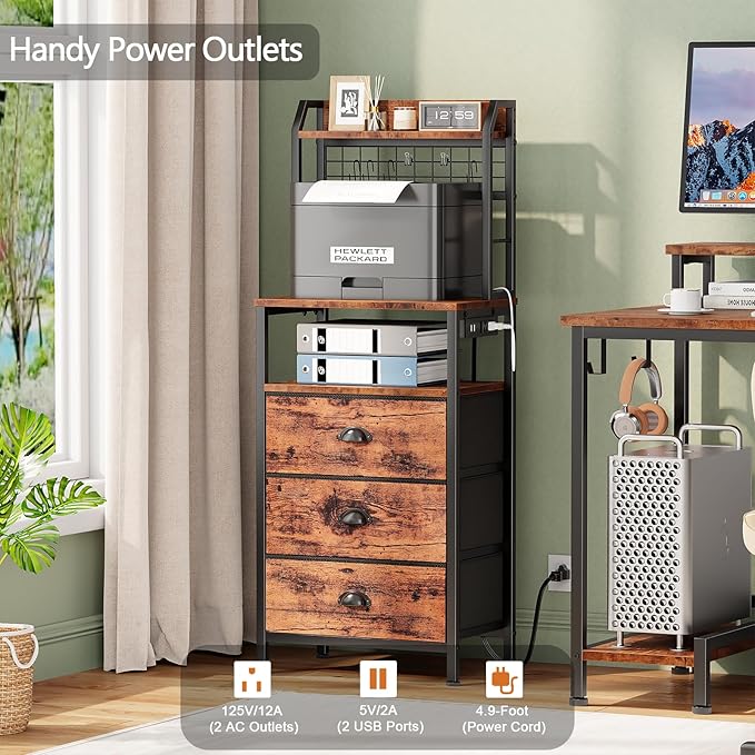 Furologee 44'' Tall Nightstand with Charging Station, Bedside Table with LED Lights, End Table with 3 Drawers and Storage Shelves, Night Stand with Pegboard for Bedroom, Rustic Brown