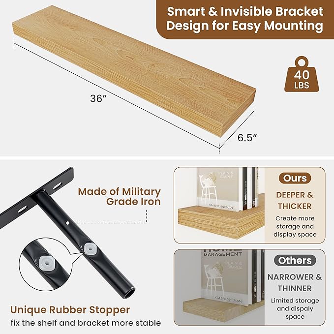 fuqing Floating Shelves for Wall, Bathroom Shelf Wall Mounted for Storage, Shelves with Invisible Bracket for Bedroom, Kitchen, Living Room, Farmhouse Small Book Shelf, 36 Inch Set of 2, Oak-NeatNest