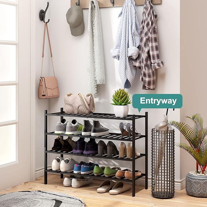 Black 4-Tier Long Shoe Rack, Bamboo Wood, 33-Inch-NeatNest