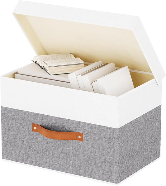 Fabric Storage Boxes with Lids, Linen Foldable Cloth Baskets, Closet Organizer Containers with Double Handles, Sweater Bins for Bedroom, White and Grey, 1 Pack, 13 x 9.1 x 7.9 Inch-NeatNest