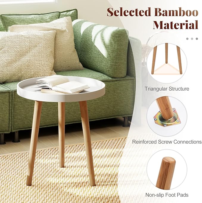 Giantex Round Side Table, End Table with Wooden Tray, Sturdy Tripod Stand & Premium Metal Connectors, Round Sofa Side Table for Living Room, Office, Bedroom Nightstand, White (1)