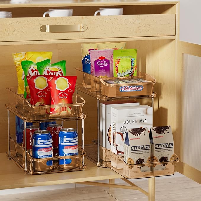 Delamu 2 Sets of 2-Tier Clear Under Sink Organizers and Storage, Multi-Purpose Stackable Bathroom Cabinet Organizers, Amber-NeatNest