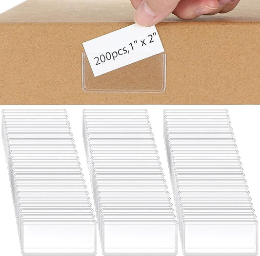 Jeyiour 200 Pcs Label Holders Adhesive Nameplate Pockets Storage Bin Labels Index Card Holder Shelf Plastic Peel Stick for Classroom Supermarket Bookshelf Library Student Box Drawer (2 x 1 Inch)