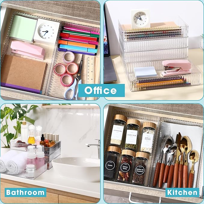 8 Pcs Clear Drawer Organizers Bins Stackable Makeup and Vanity Organizer Trays Clear Plastic Drawer Organizers Set for Office Desk Dividers(9.9 x 6.3 x 1.8 Inches)