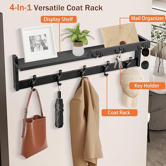 29'' Coat Rack Wall Mount with Shelf, Coat Hanger Wall Mount with Key Hooks and Mail Holder, Wood Entryway Floating Shelf with Hooks and Storage, Hat Rack for Wall Key Holder Mail Organizer