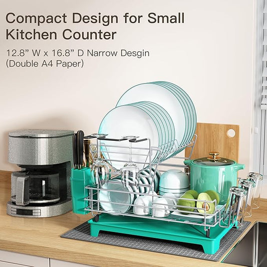 BOOSINY 2 Tier Turquoise Large Stainless Steel Dish Drainers Drying Rack for Kitchen Counter with Drainboard, Rust Proof Metal, Space Saving, Modern Aesthetic, Compact Plates Strainers with Extra Mat-NeatNest