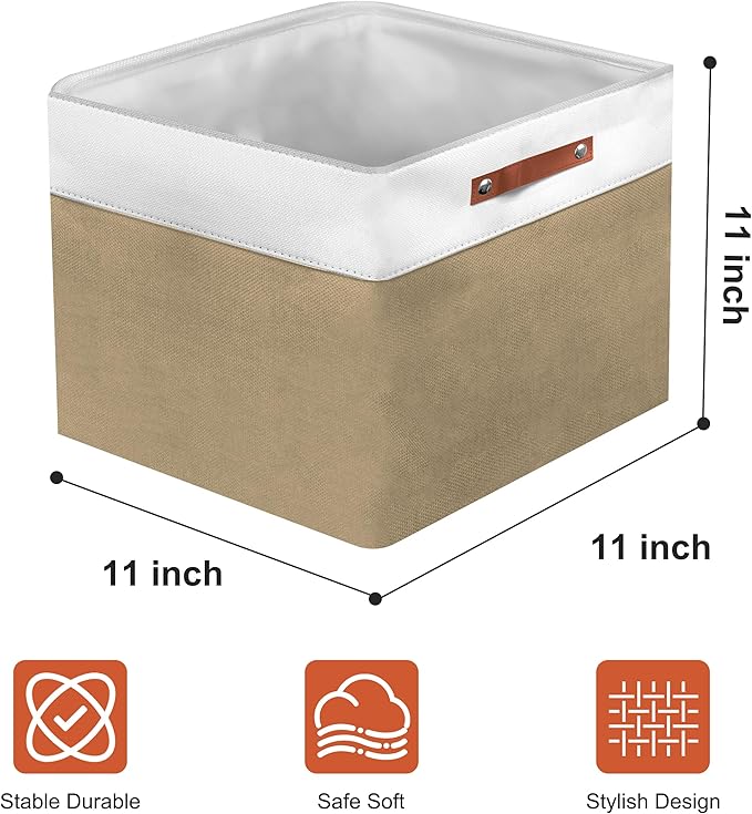 11in Open Fabric Storage Basket with Leather Handles for Organizing, Collapsible Linen Closet Bins for Shelves, Closets, Laundry, Decorative Basket for Gifts. (White＆Khaki, 3PCS/11x11in)-NeatNest