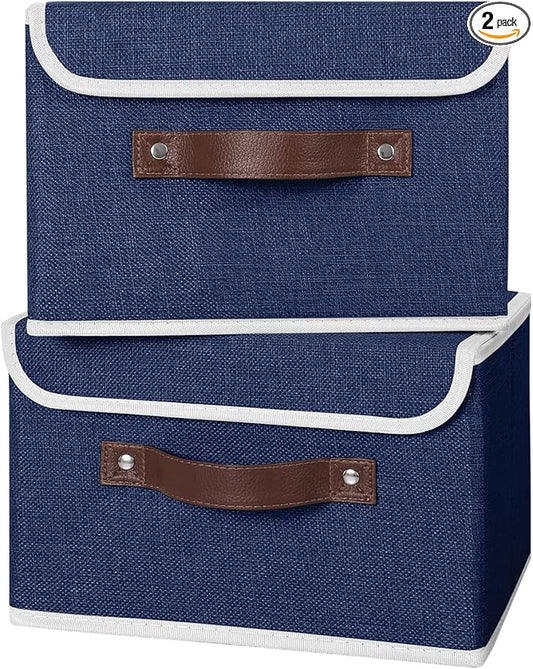 ANMINY 2PCS Storage Bins with Lid PU Leather Handles Storage Boxes PP Plastic Board Decorative Foldable Lidded Cotton Linen Fabric Home Cubes Baskets Closet Organizer Containers - Blue, Small Size-NeatNest